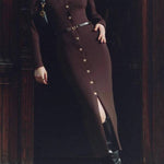 V-neck single-breasted slim-fit knit slit dress
