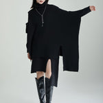 Casual Long Sleeves Loose Solid Color High-Neck Shawl&Sweater Dresses Two Pieces Set