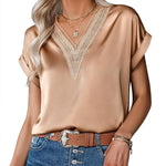 Zeagoo Women's T-Shirt Satin Blouse Lace V-Neck Shirt (DE Only)