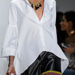 Flared Sleeves Long Sleeves Buttoned Solid Color Lapel Blouses&Shirts Tops