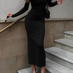 Bodycon Long Sleeves Solid Color Split-Joint Round-Neck Maxi Dresses