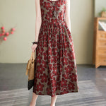 Loose Oversize Drawstring Floral Printed Round-Neck Midi Dresses