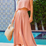 Short Sleeve Crop Top and Maxi Pleated Skirt Set
