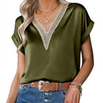Zeagoo Women's T-Shirt Satin Blouse Lace V-Neck Shirt (DE Only)