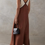 Loose Sleeveless Contrast Color Split-Joint Deep V-Neck Maxi Dresses