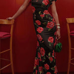 Cheongsam Style Rose Floral Print Tiered Flare Sleeve Stretch Maxi Dress