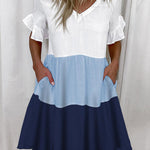 A-Line High Waisted Contrast Color Pleated Pockets Printed Split-Joint V-Neck Midi Dresses