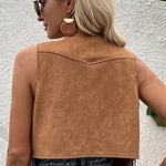 Camel Fringed Snap Button Front Cropped Suedette Vest