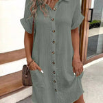 Loose Short Sleeves Pleated Split-Joint Lapel Mini Dresses Shirt Dress