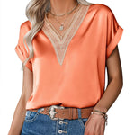Zeagoo Women's T-Shirt Satin Blouse Lace V-Neck Shirt (DE Only)