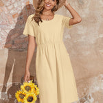 Zeagoo Womens Midi Dress Short Sleeve A-Line Cotton Linen Dress