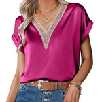 Zeagoo Women's T-Shirt Satin Blouse Lace V-Neck Shirt (DE Only)