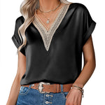Zeagoo Women's T-Shirt Satin Blouse Lace V-Neck Shirt (DE Only)