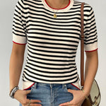 Zeagoo Womens Short Sleeve Sweaters Casual Striped Shirts