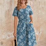 Zeagoo Womens Midi Dress Short Sleeve A-Line Cotton Linen Dress