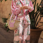 Floral Charm Unique Print Loose Blouse and Elastic Waist Pocketed Pants Set