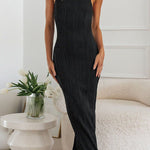 Bodycon Sleeveless Pleated Solid Color Split-Back Split-Joint Zipper Spaghetti-Neck Maxi Dresses