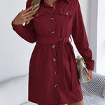 Elasticated Waist Long Sleeves Belted Buttoned Single-Breasted Solid Color Lapel Collar Mini Dresses Shirt Dress