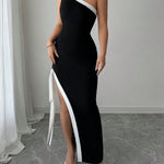 Bodycon High Waisted Asymmetric Split-Joint Split-Side Tied One-Shoulder Maxi Dresses
