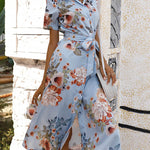 A-Line Loose Buttoned Flower Print Tied Waist Lapel Midi Dresses