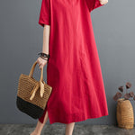 A-Line Loose Chinese Frog Buttons Pockets Solid Color Split-Side V-Neck Midi Dresses