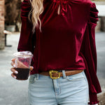 Red Mock Keyhole Neck Puff Sleeve Velvet Blouse