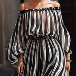 Elegant Off-the-Shoulder Vertical Stripe Chiffon Maxi Dress