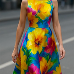 Sleeveless Contrast Color Flower Print Round-Neck Midi Dresses