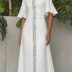 A-Line Flared Sleeves Shiny Solid Color Split-Joint Square-Neck Maxi Dresses