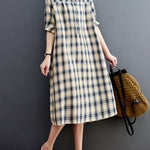 Half Sleeves Loose Plaid Lapel Midi Dresses