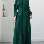 Casual Long Sleeves Loose Tied Pleated Stand Collar Midi Dresses