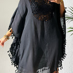 Batwing Sleeves Loose Hollow Solid Color Sun Protection Tasseled Round-Neck Cover-Ups Tops Midi Dresses