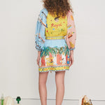 Linen Blend Unique Print Balloon Sleeve Belted Pocket Shirt Mini Dress