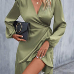 High Waisted High-Low Elasticity Pleated Solid Color Split-Joint Tied V-Neck Mini Dresses