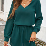 A-Line High Waisted Elasticity Pleated Solid Color V-Neck Mini Dresses