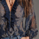 Navy Baroque Paisley Ruffle Zip Chiffon Blouse