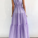 Loose Sleeveless Plaid Ribbed Stand Collar Maxi Dresses