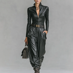 Women's Fashion PU Leather Slim Fit Zipper Stand Collar Shirt Pants Set