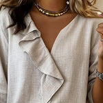 Women'S Casual V-Neck Ruffle Cotton And Linen Top