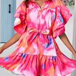 Loose Ruffle Sleeves Buttoned Leaves Print Split-Joint Tied Waist Tie-Dyed Lapel Mini Dresses