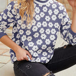 Mock Neck Floral Print Knitted Sweater Color Block Light Weight Sweater