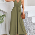 A-Line Loose Pleated Solid Color Split-Joint Deep V-Neck Maxi Dresses