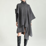 Casual Long Sleeves Loose Solid Color High-Neck Shawl&Sweater Dresses Two Pieces Set