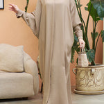 Batwing Sleeves Loose Buttoned Muslim Solid Color Split-Side Round-Neck Maxi Dresses