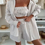 Zoie Striped Stretch Bandeau + Elastic Waist Pocket Shorts + Oversized Blouse 3 Pieces Set
