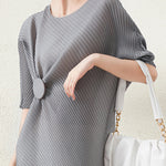 Stylish Irregularity Loose Pleated Solid Color Round-Neck Midi Dresses