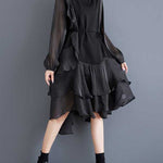 High-Low Long Sleeves Contrast Color Ruffle Trim Split-Joint Round-Neck Midi Dresses