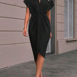 High-Low Loose Knot Pleated Solid Color Split-Front V-Neck Midi Dresses