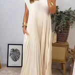 A-Line High Waisted Pleated Pockets Solid Color Split-Joint Round-Neck Maxi Dresses