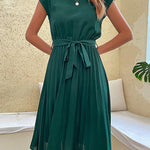 A-Line Loose Pleated Solid Color Tied Waist Round-Neck Midi Dresses